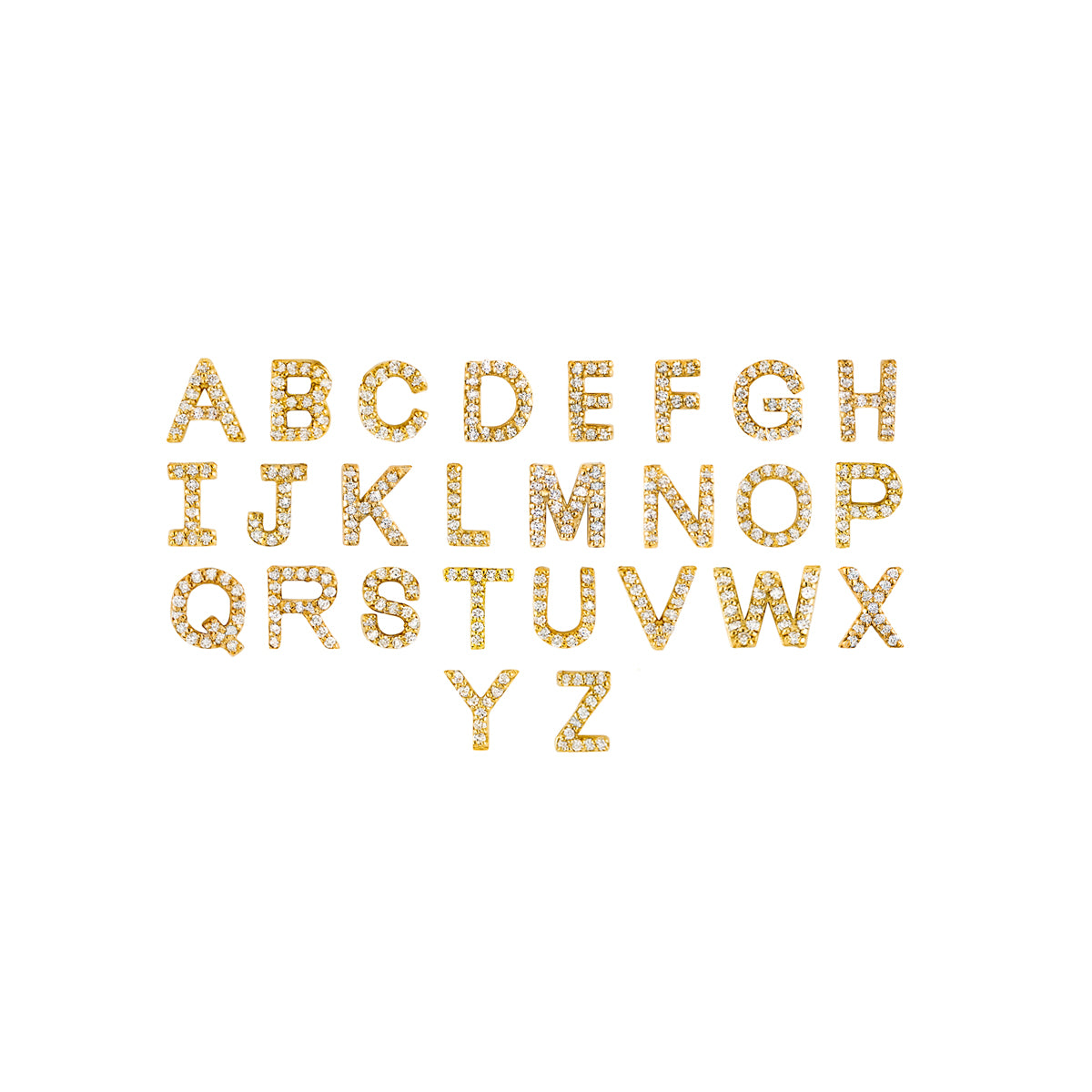 All alphabet diamond letter pendant charms in gold - personalized initial jewelry collection