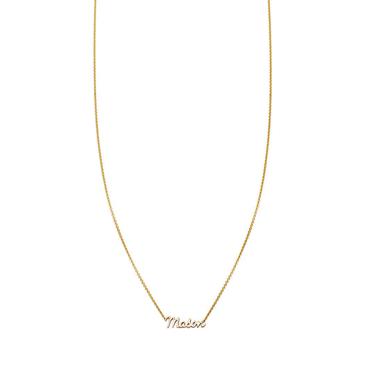 Custom gold name necklace by Phoenix Roze, featuring a unique handwritten gold signature style.