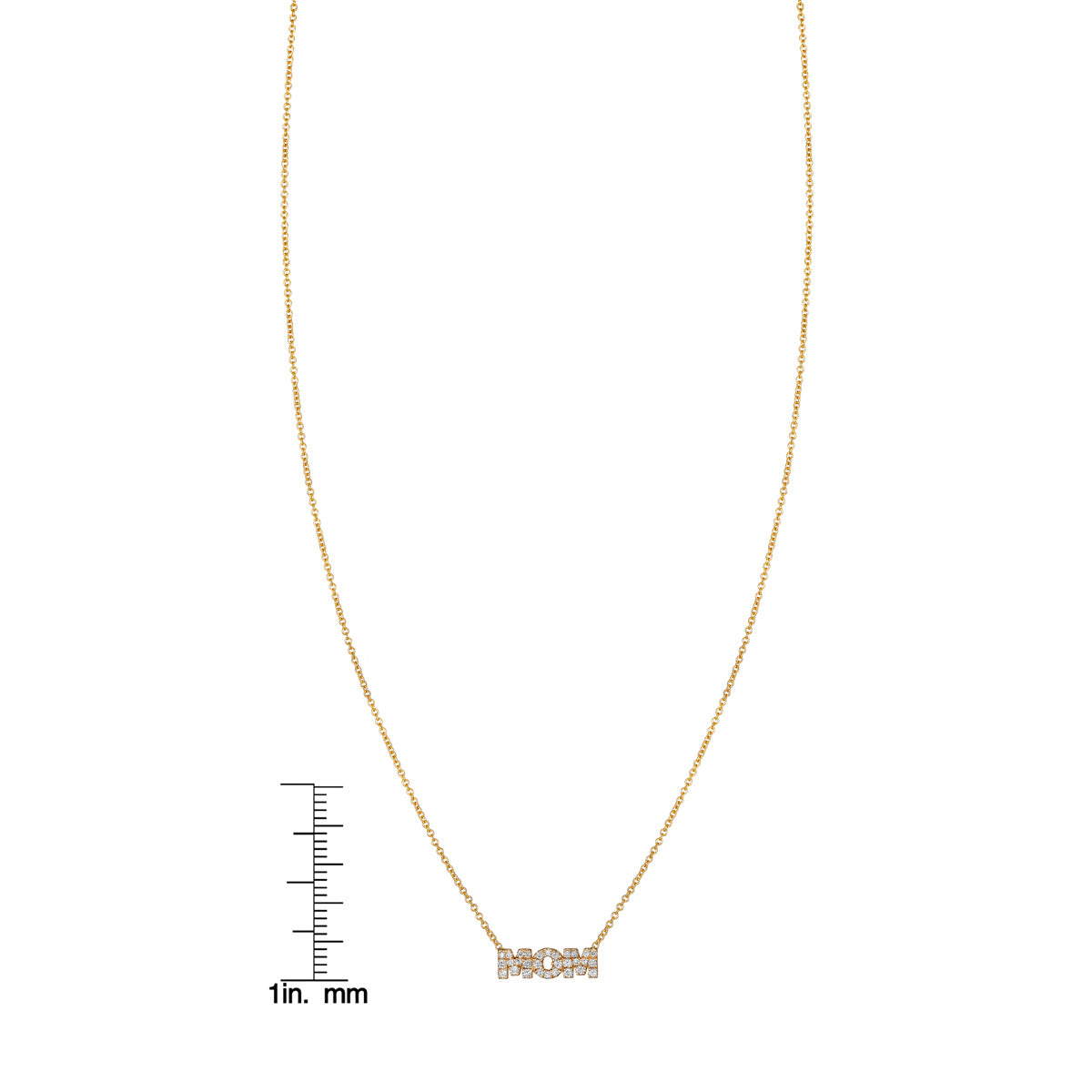 Diamond gold 'Mom' necklace - sentimental jewelry with size reference ruler