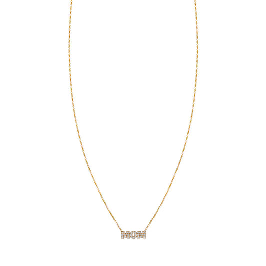 14k gold 'Mom' necklace with diamonds initial jewelry for mothers.