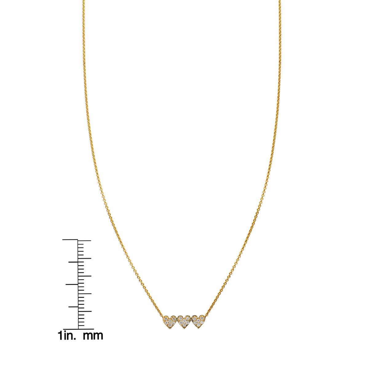 Diamond triple heart necklace - sparkling romantic pendant with size reference ruler