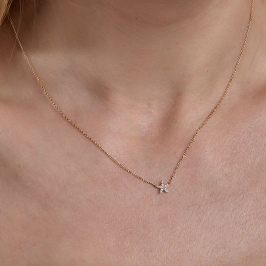 Tiny White Diamond Gold Star Necklace