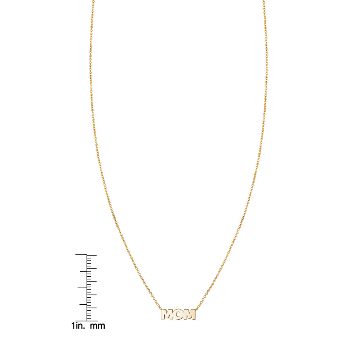 14k gold 'Mom' necklace (PRN067) with ruler, perfect for Mother's Day.
