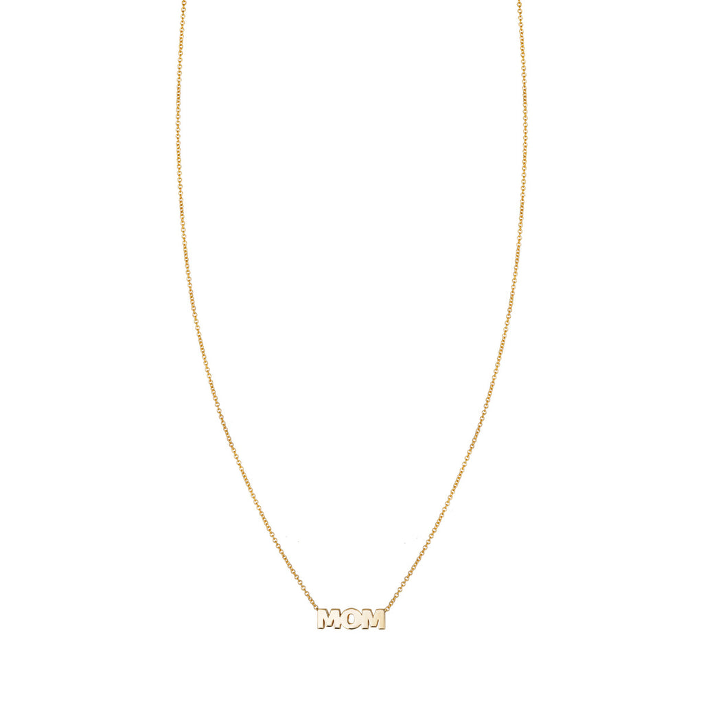 14k gold 'Mom' necklace (PRN067), perfect for Mother's Day.