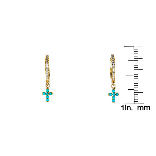 Tiny Turquoise Cross Diamond Hoop Earrings